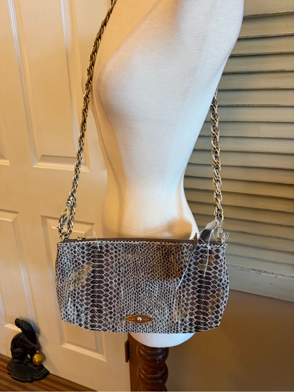 Elliot Lucca Snakeskin-Pattern Chain Shoulder Bag in Brown and Cream
